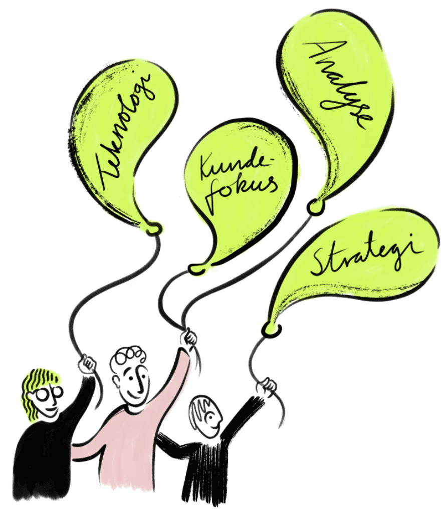 Illustrasjon av tre personer som holder ballonger med teksten teknologi, kundefokus, analyse og strategi